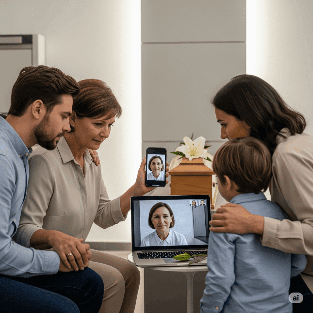 Imagen de una familia viendo un funeral a traves de una videollamada.